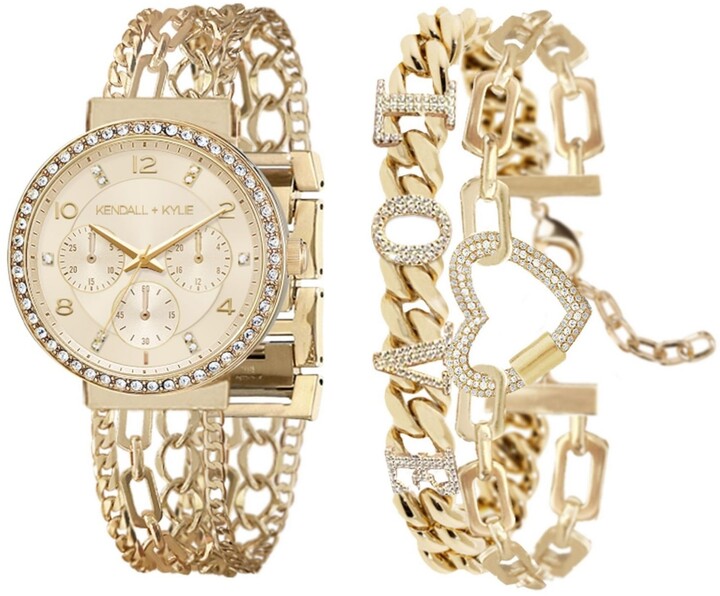 Womens Kendall Kylie Two Tone Gold And White Crystal Love Stainless Steel Strap Analog Watch And Bracelet Set 40Mm | Deals Must Buy