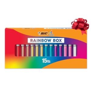 BIC 4-Color Rainbow Shine Limited Edition Set, Box of 15 Pens, Retractable Ball Pens, Medi