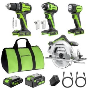 GREENWORKS 24V Combo (1/2 Drill 1/4 Impact Driver 6.5 Circular Saw 200Lm Flashlight), 4.0A