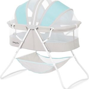 xxDream On Me Karley Portable Newborn Bassinet with Double Mesh Canopy, Foldable Travel Bassinet with Storage Basket, Lightweight, Indoor Outdoor Use, Blue/Grey