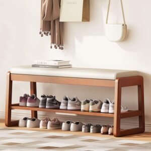 Rubberwood Shoe Bench with Leather Cushion
