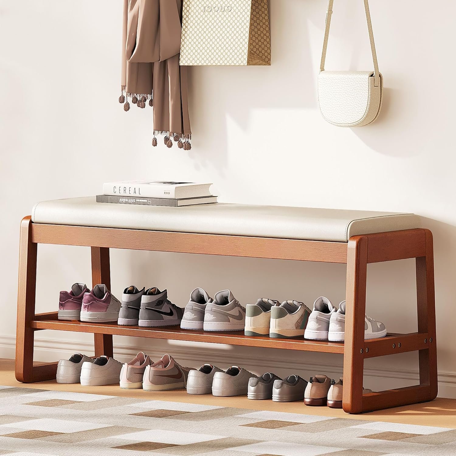 Rubberwood Shoe Bench with Leather Cushion 1 Rubberwood Shoe Bench with Leather Cushion