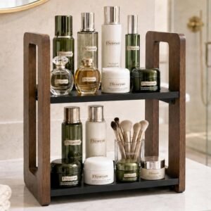2 Tier Bathroom Counter Organizer, Wood and Metal Vanity Organizer