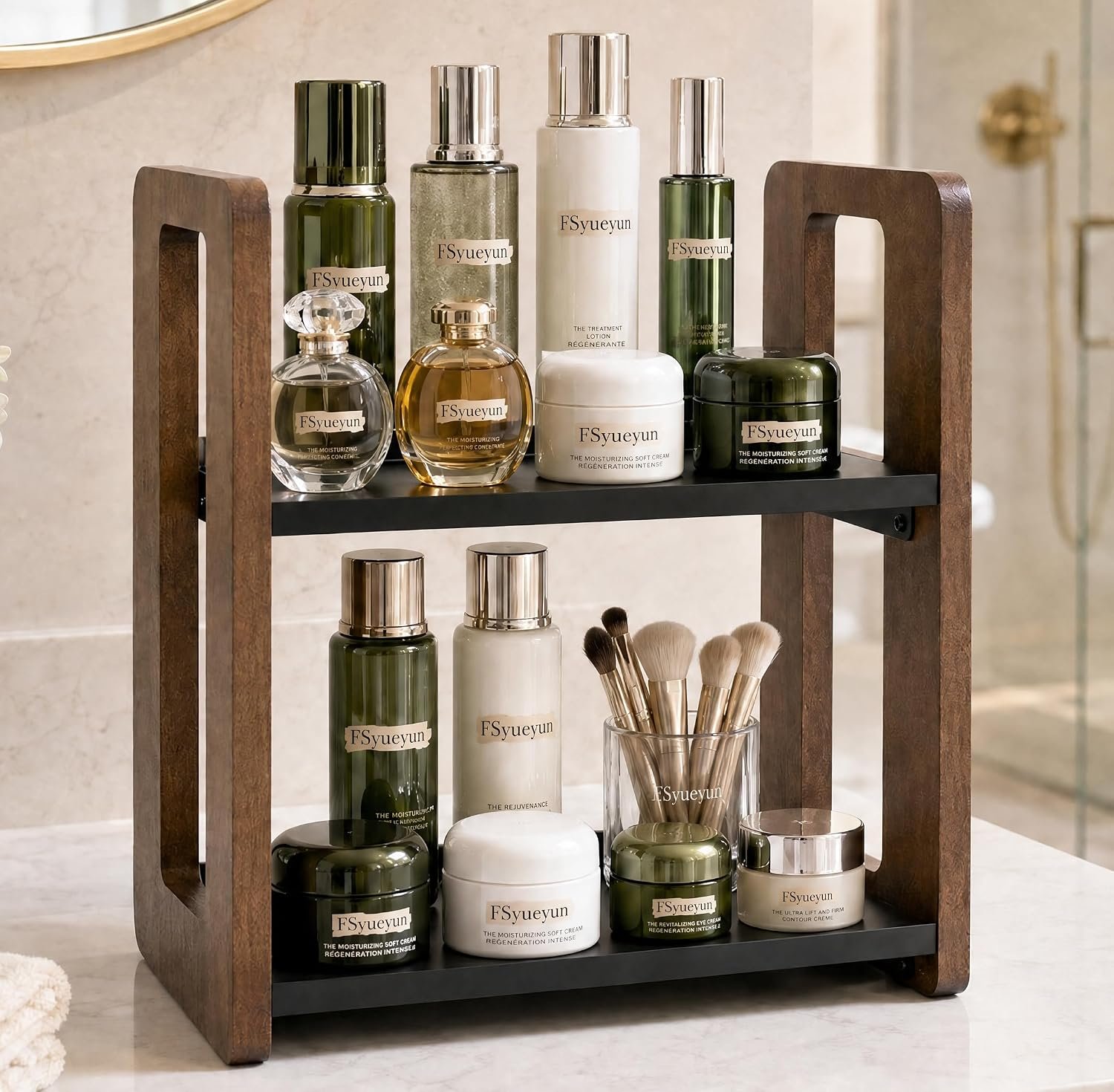 2 Tier Bathroom Counter Organizer, Wood and Metal Vanity Organizer 1 2 Tier Bathroom Counter Organizer, Wood and Metal Vanity Organizer