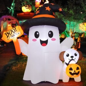reg GOOSH 5 FT Halloween Inflatables Ghost Outdoor Decorations Blow Up Cute Ghost and Puppy with Hand-Held Light with Built-in LEDs for Halloween Garden Lawn Party Decor
