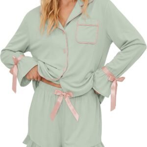 for Womens Ruffle Long-Sleeve & Shorts Pajama Set