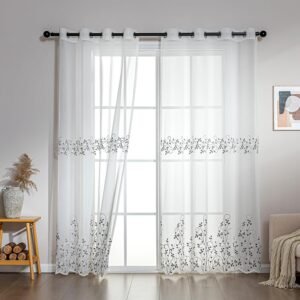 reg SLEEP ZONE Sheer Curtains for Living Room and Bedroom, Embroidered Sheer Curtains White Sheer Curtain 42 × 72 inches Long of 2 Panels, White Twig