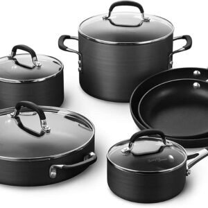 reg Calphalon 10-Piece Non-Stick Kitchen Cookware Set Black Pots & Pans with Stay-Cool Stainless Steel Handles Hard-Anodized Aluminum for Even Heating