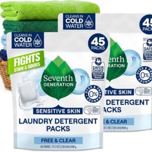 reg Clip Qpon + Generation Laundry Detergent Packs, Free & Clear, 45 Count, 2 Pack, Plant-Based Enzymes Lift Tough Stains, No Dyes or Fragrance, Sensitive Skin Formula, Works in All Machines, Hot &
