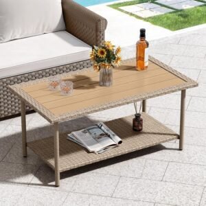 xxYITAHOME Outdoor Wicker Coffee Table with Storage, 39.4″ 2 Tier Rectangle Patio Coffee Table, All-Weather Rattan Outdoor Storage Table for Patio Garden Backyard Porch – Brown